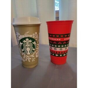 Set of 2 Starbucks Holiday Coffee reusable 16 oz. Plastic cups 2013